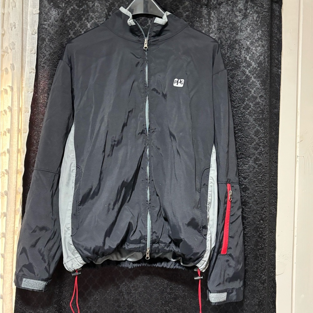 Port Authority Black and Gray Windbreaker with Red Accents